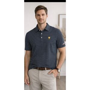 FULL TURN Men’s Navy White Striped Bamboo Blend Golf Shirt Size L Performance